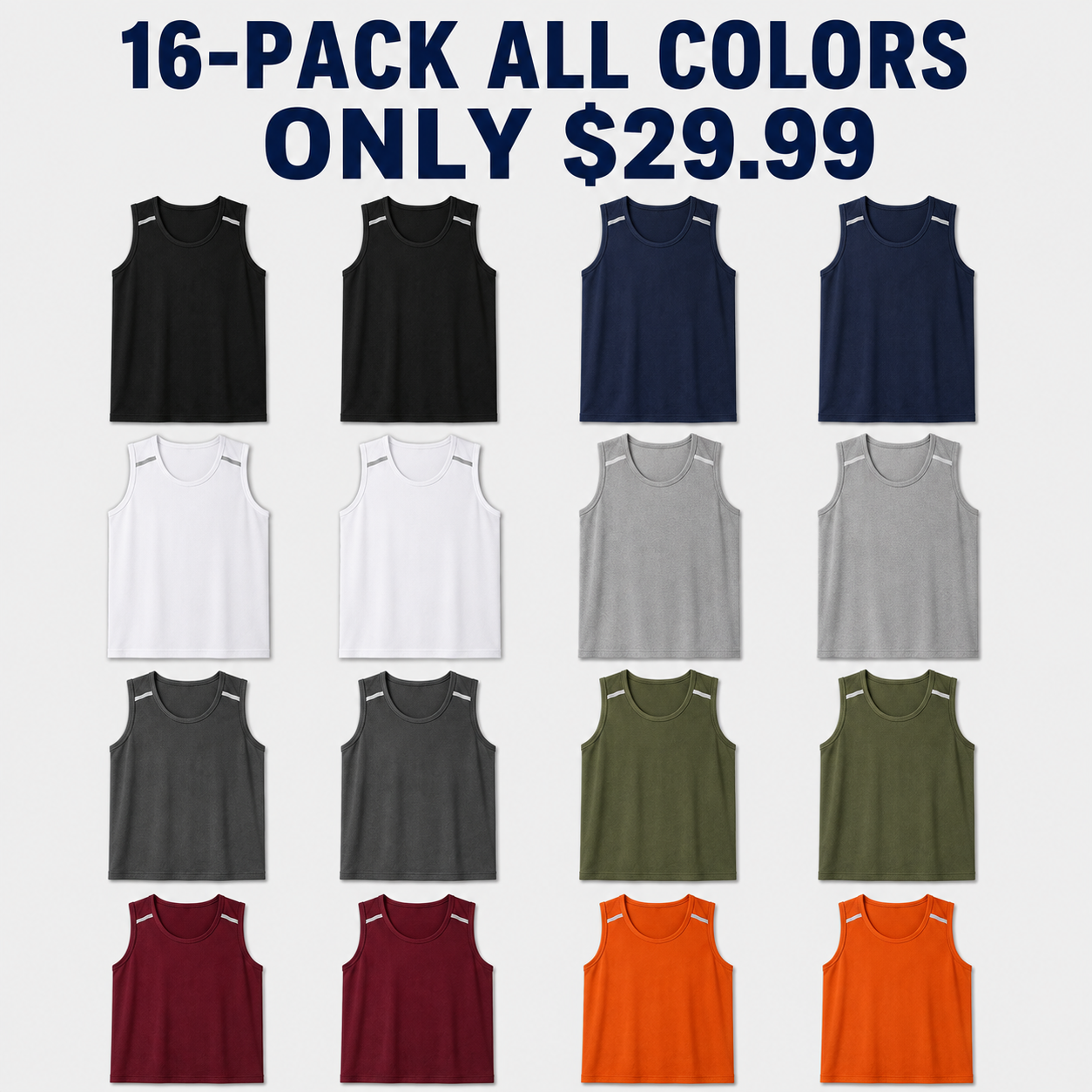 16-Pack All Colors micro-mesh tank tops with two of each eight colors