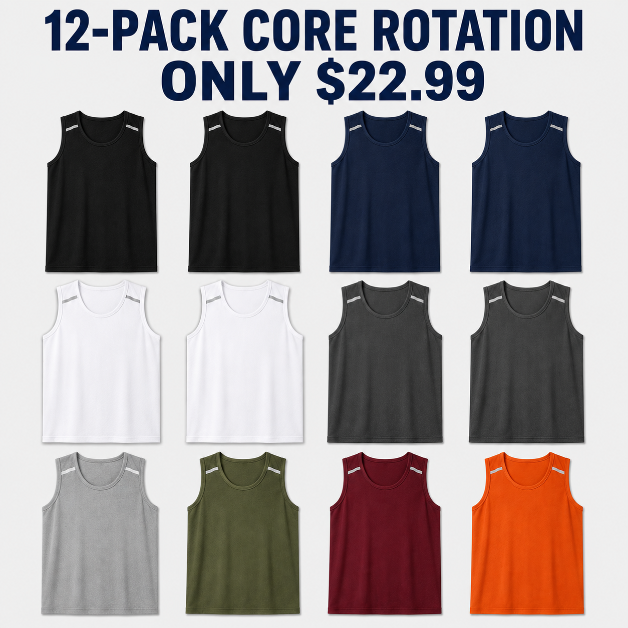 12-Pack Core Rotation micro-mesh tank tops in eight colors