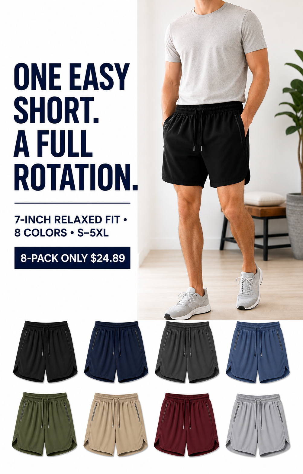 7-inch relaxed fit and complete eight-color brushed nylon shorts rotation