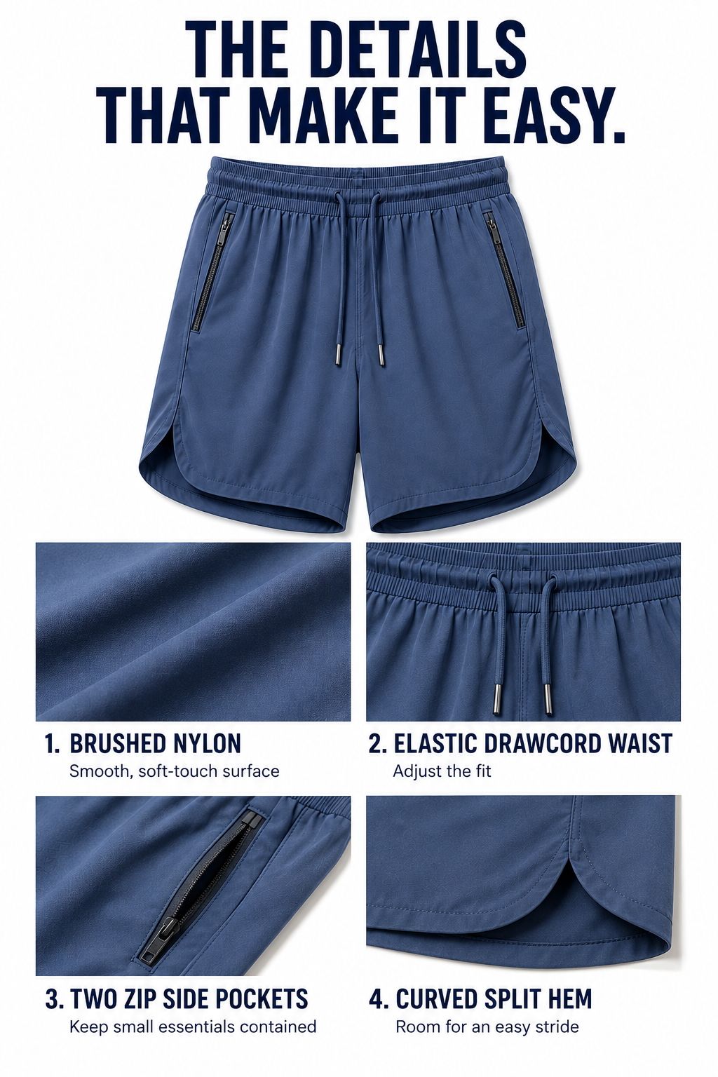 Brushed nylon waist zip pocket and curved split hem construction details