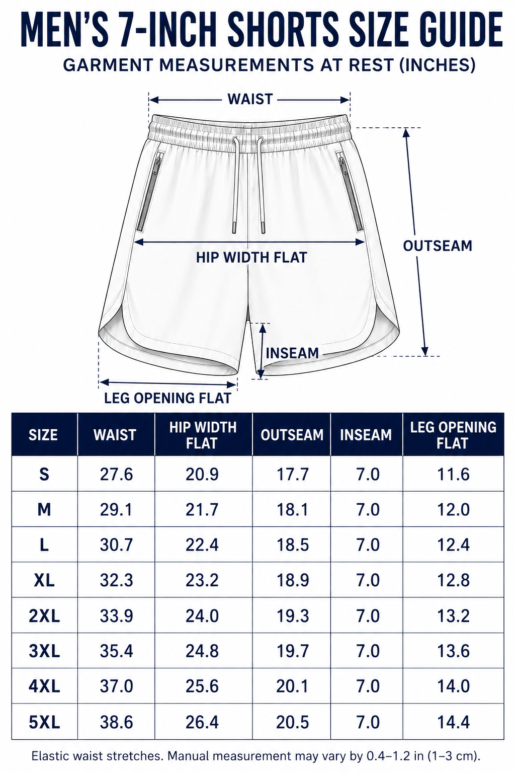 Men 7-inch shorts garment measurement chart from S through 5XL