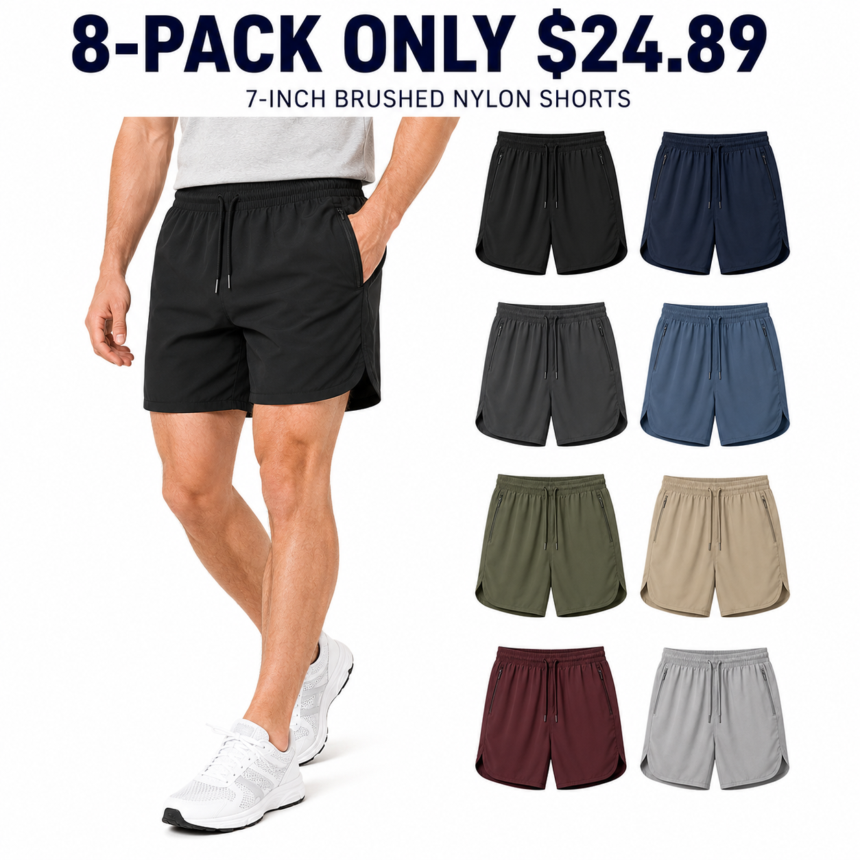 Men 7-inch brushed nylon shorts 8-Pack cover — 8-PACK ONLY $24.89