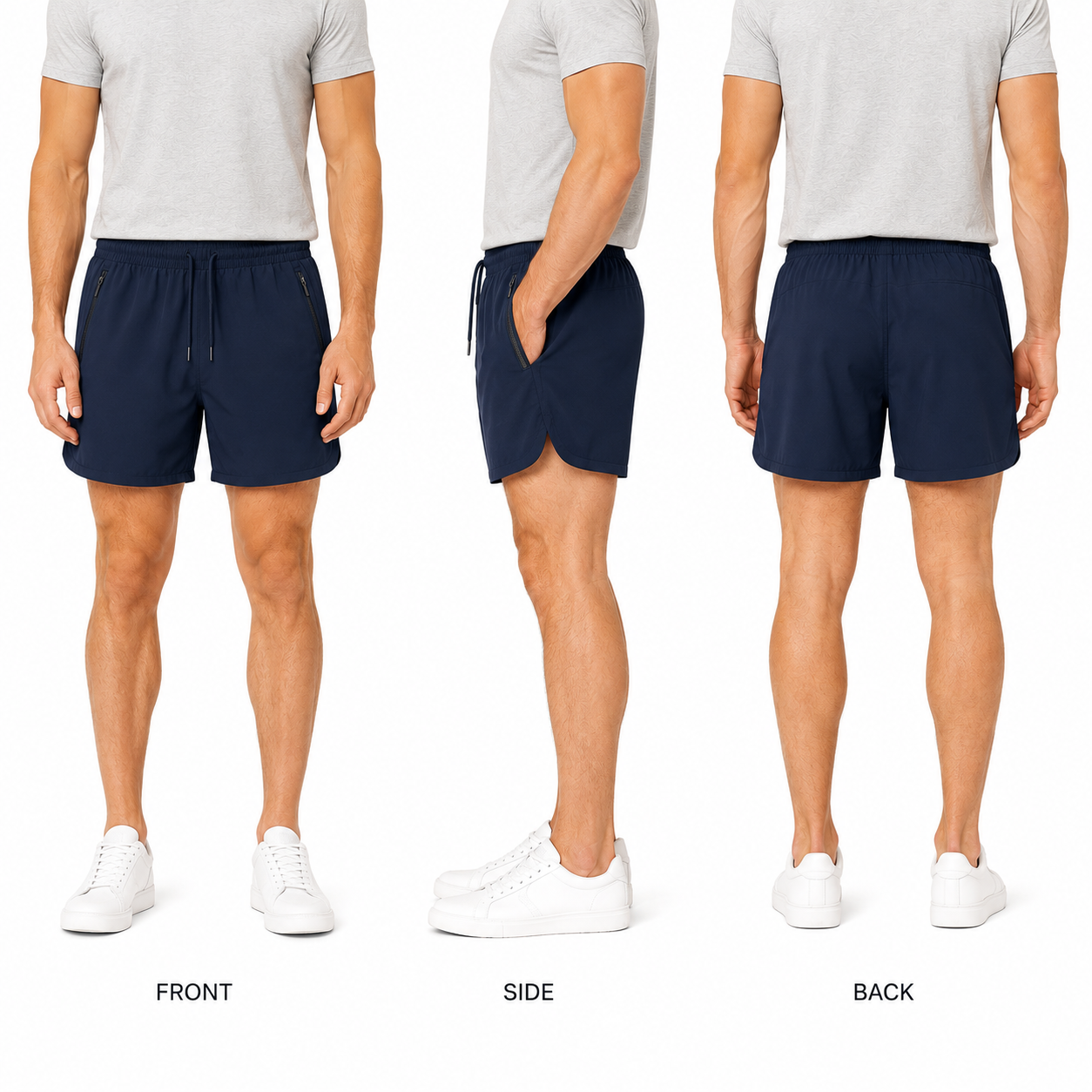 Black 7-inch brushed nylon shorts faceless front side and back fit views