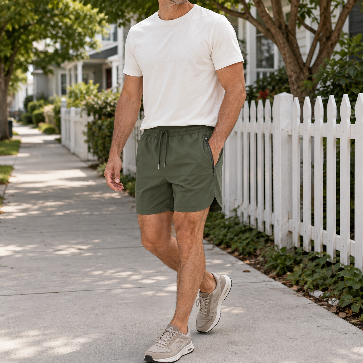 Men 7-inch brushed nylon shorts shown during a neighborhood walk