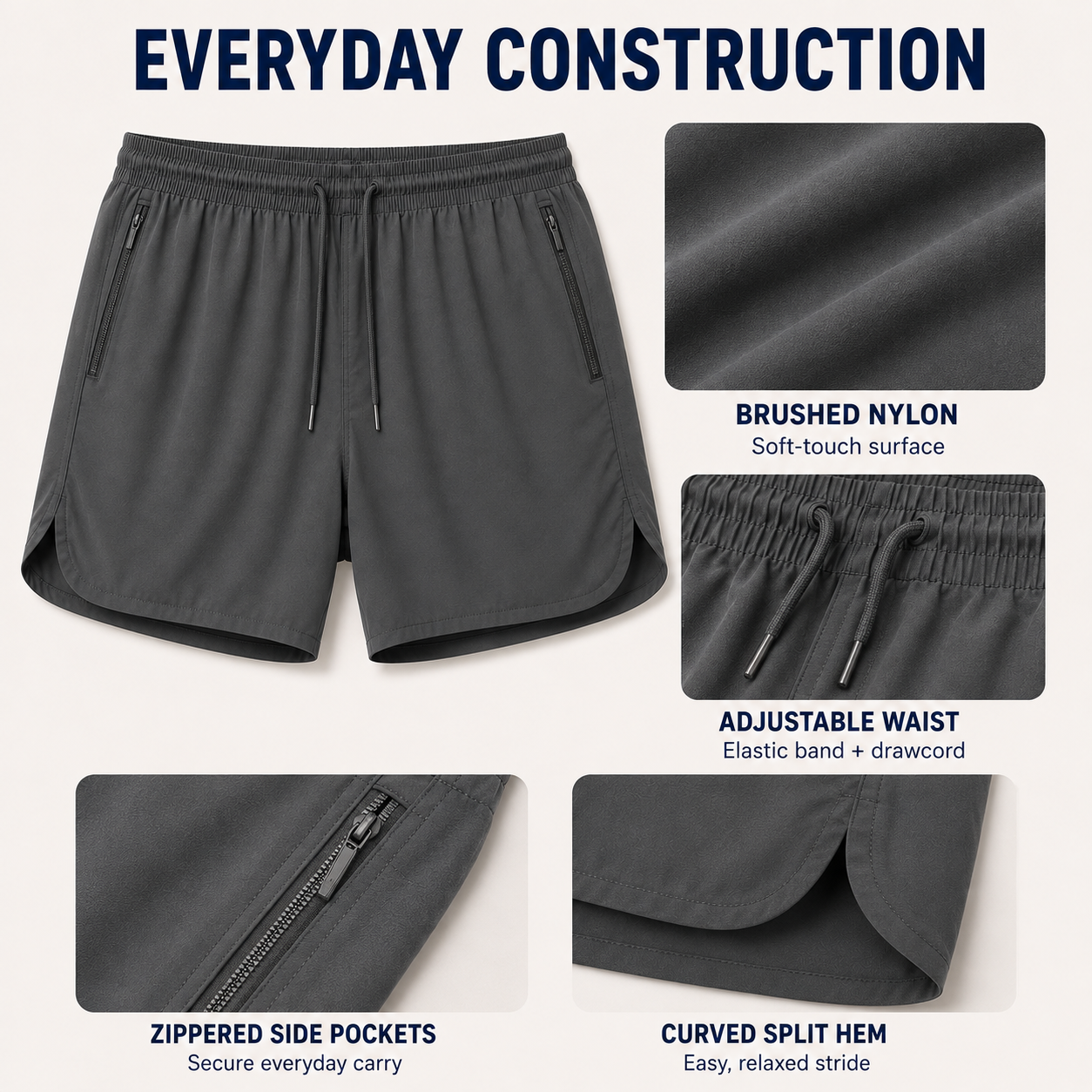 Brushed nylon shorts elastic drawcord waist zip pockets and curved split hems