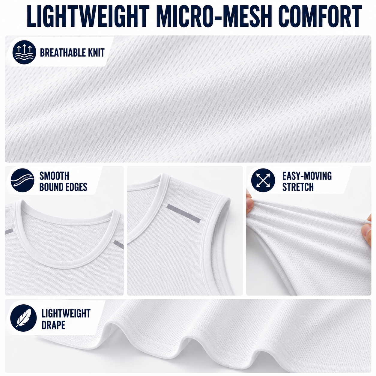 Polyester micro-mesh and bound-edge construction details
