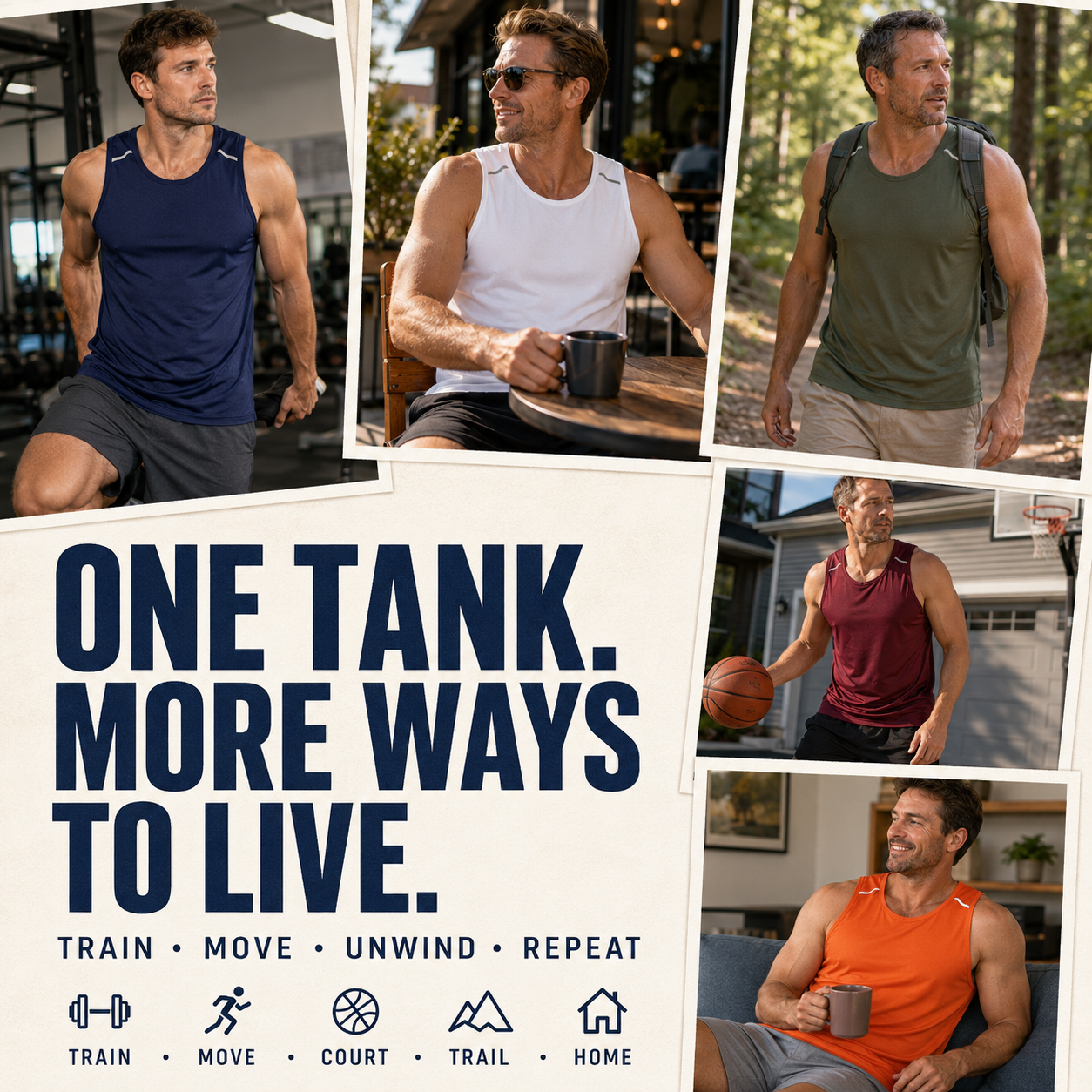 Men's performance tank multi-scene editorial collage