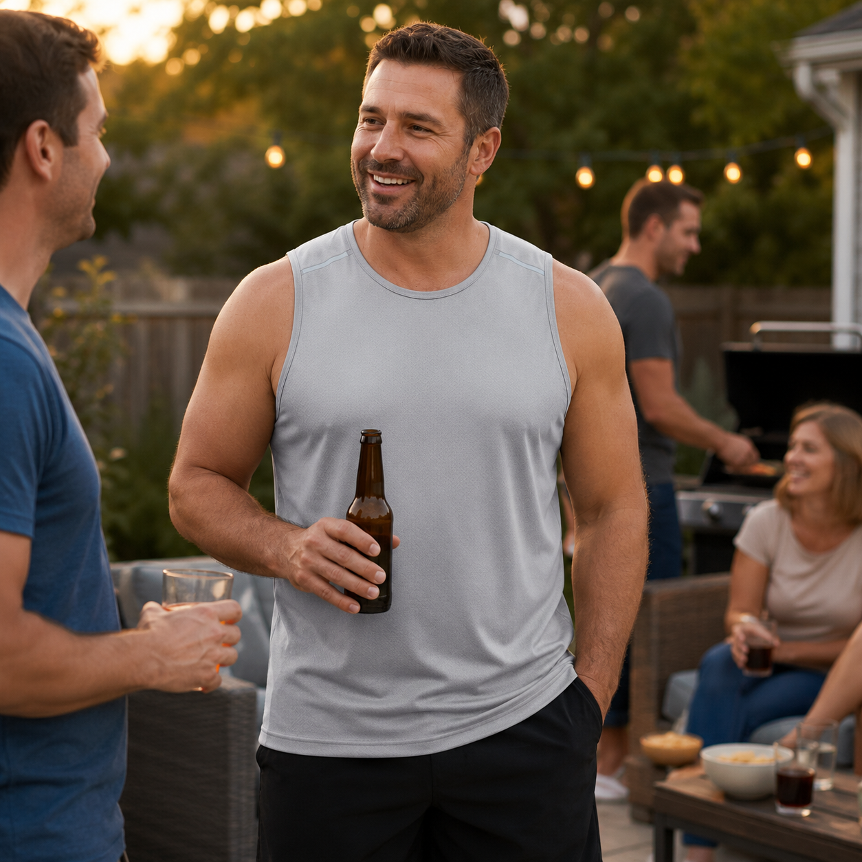 Men's light gray performance tank at a backyard gathering