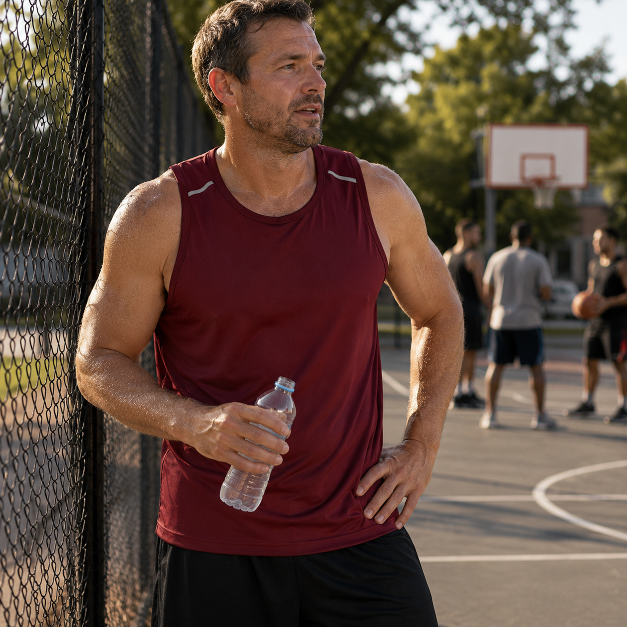 Men's burgundy performance tank at a basketball court