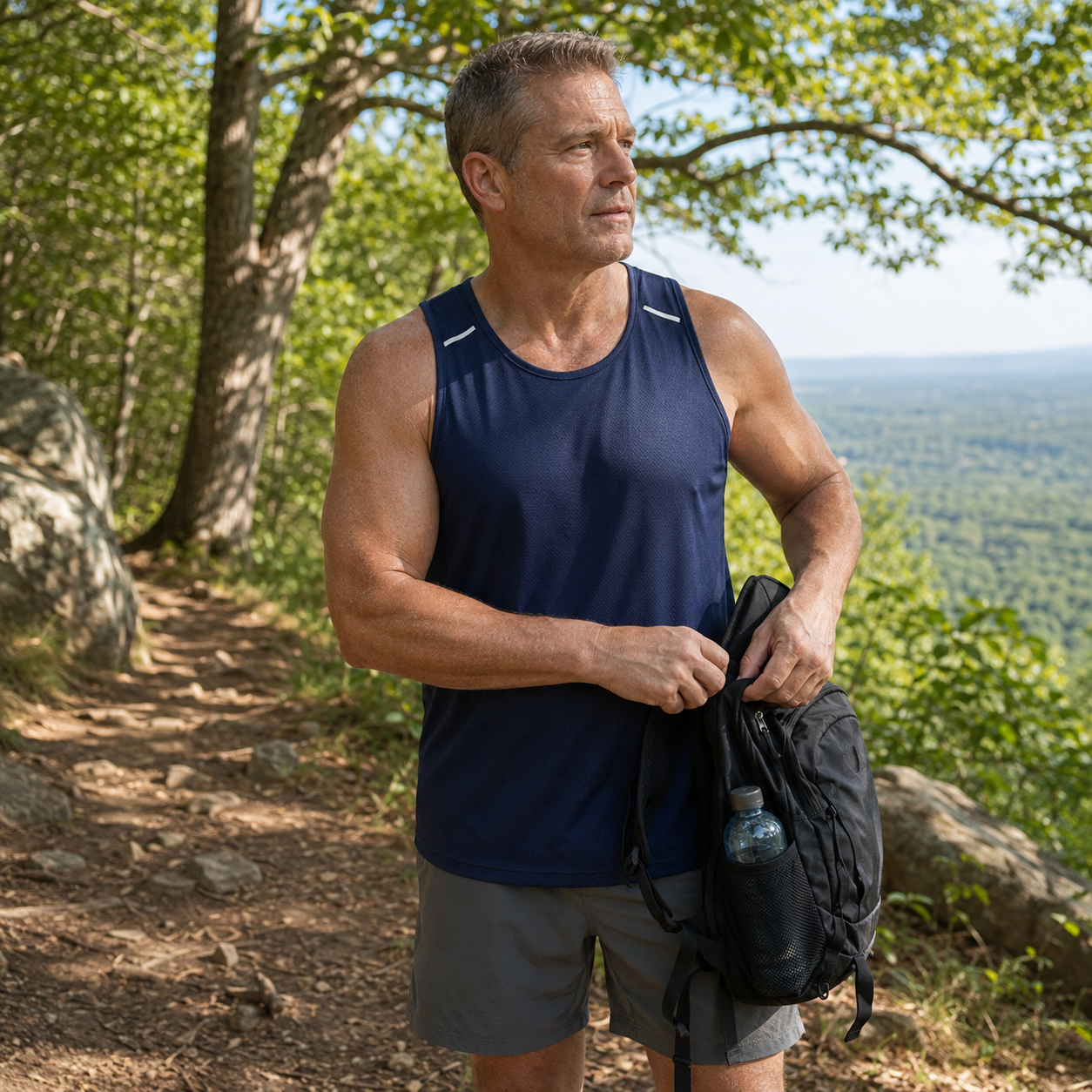 Men's navy performance tank on a trail