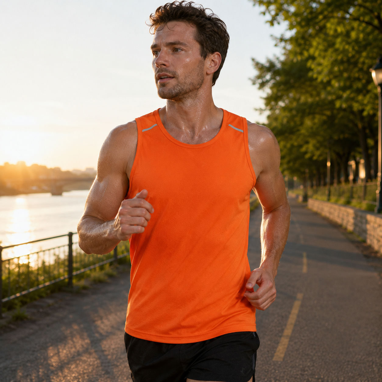Men's orange performance tank for a sunrise run