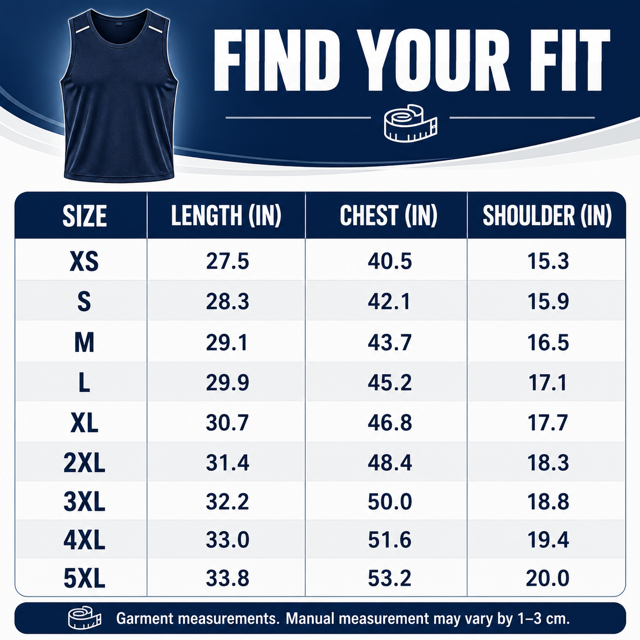 Men's tank top closing garment size chart XS through 5XL