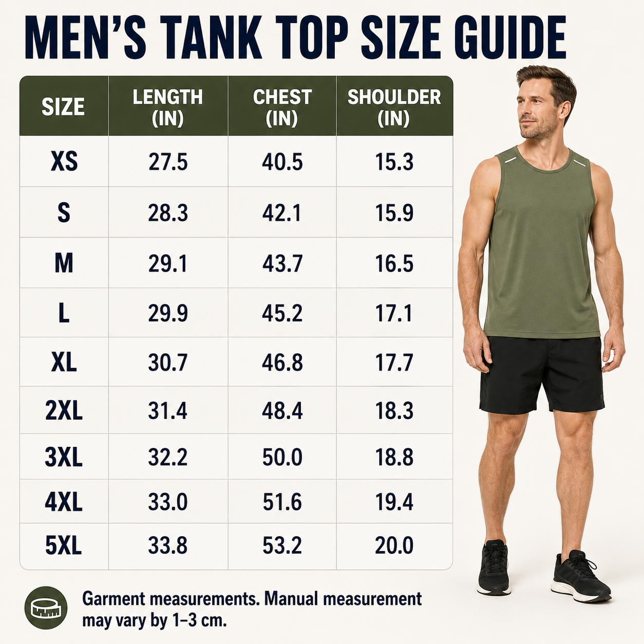 Men's tank top garment size chart XS through 5XL