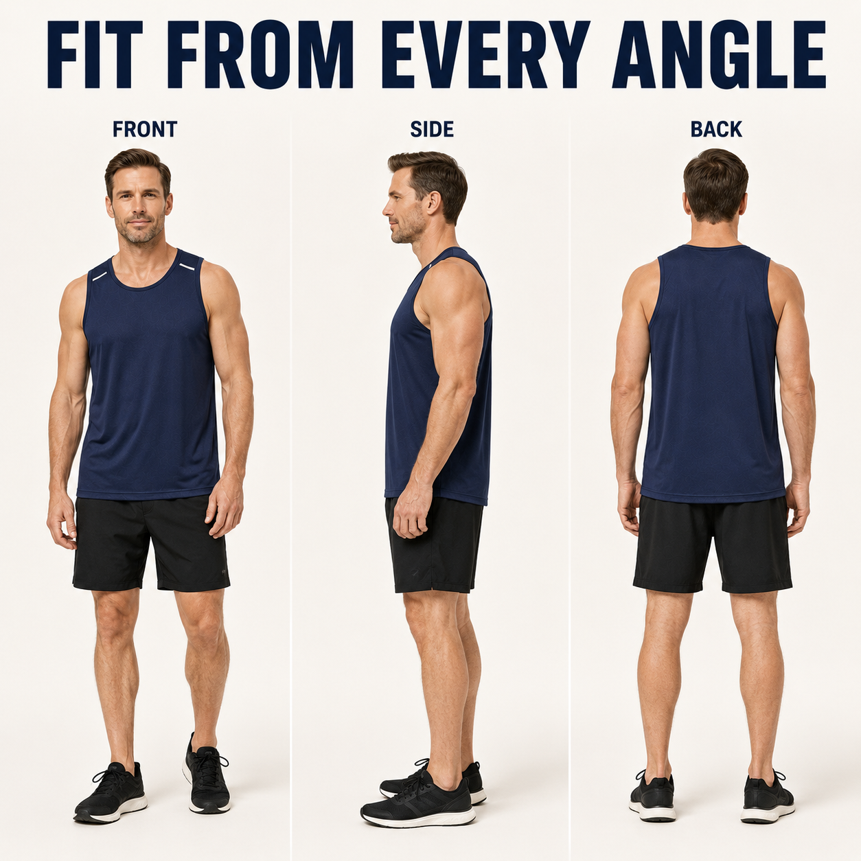 Men's navy performance tank front side and back views
