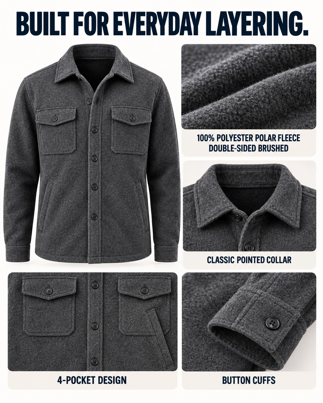 100 percent polyester polar fleece and shirt jacket construction details