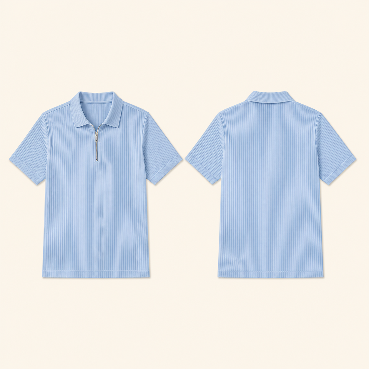 Light blue textured ribbed quarter-zip polo front and back