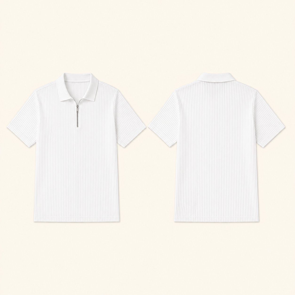 White textured ribbed quarter-zip polo front and back