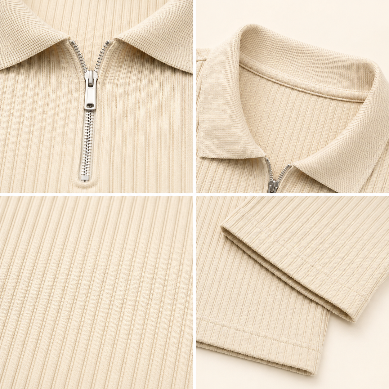 Quarter-zip polo zipper collar rib texture cuff and hem details