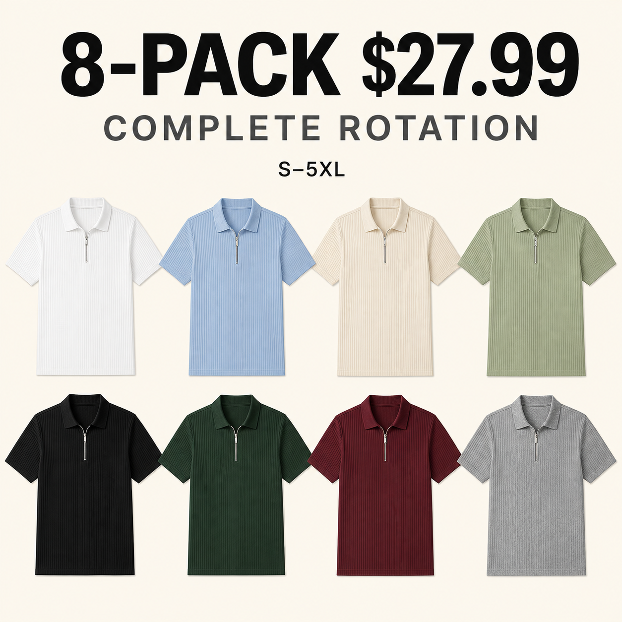 8-Pack Complete Rotation textured ribbed quarter-zip polos — $27.99