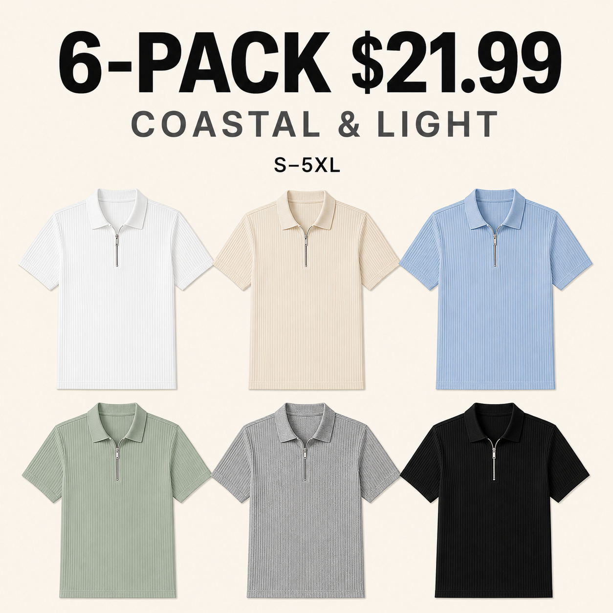 6-Pack Coastal and Light textured ribbed quarter-zip polos — $21.99