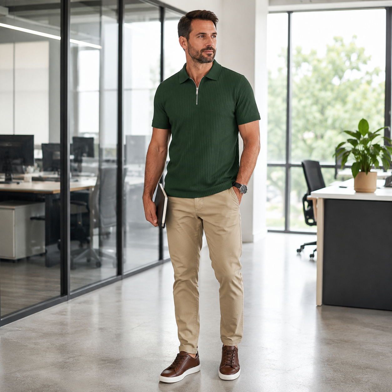 Forest green quarter-zip polo full casual-office try-on
