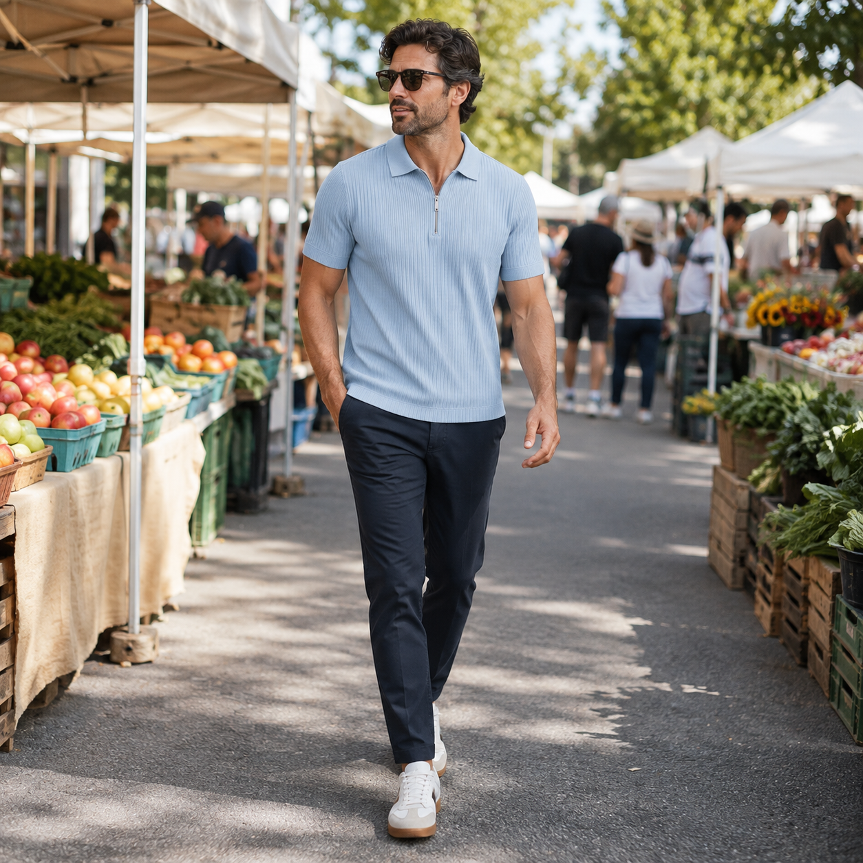 Light blue quarter-zip polo full weekend-market try-on
