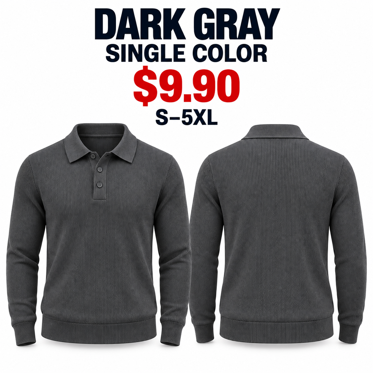 Dark Gray lightweight ribbed knit long sleeve polo sweater, complete front and true back views