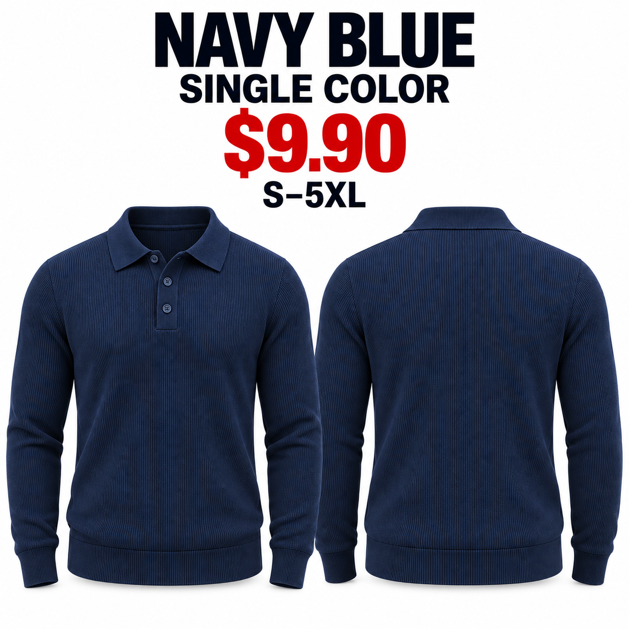Navy Blue lightweight ribbed knit long sleeve polo sweater, complete front and true back views
