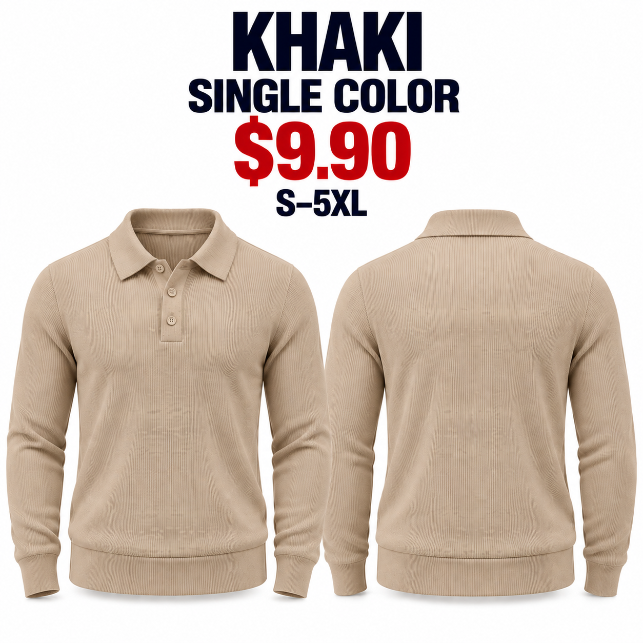 Khaki lightweight ribbed knit long sleeve polo sweater, complete front and true back views