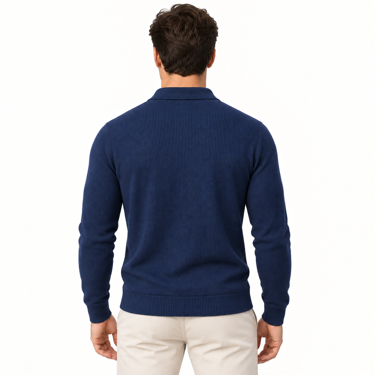 American male model wearing Navy Blue lightweight ribbed knit polo sweater, true rear studio view
