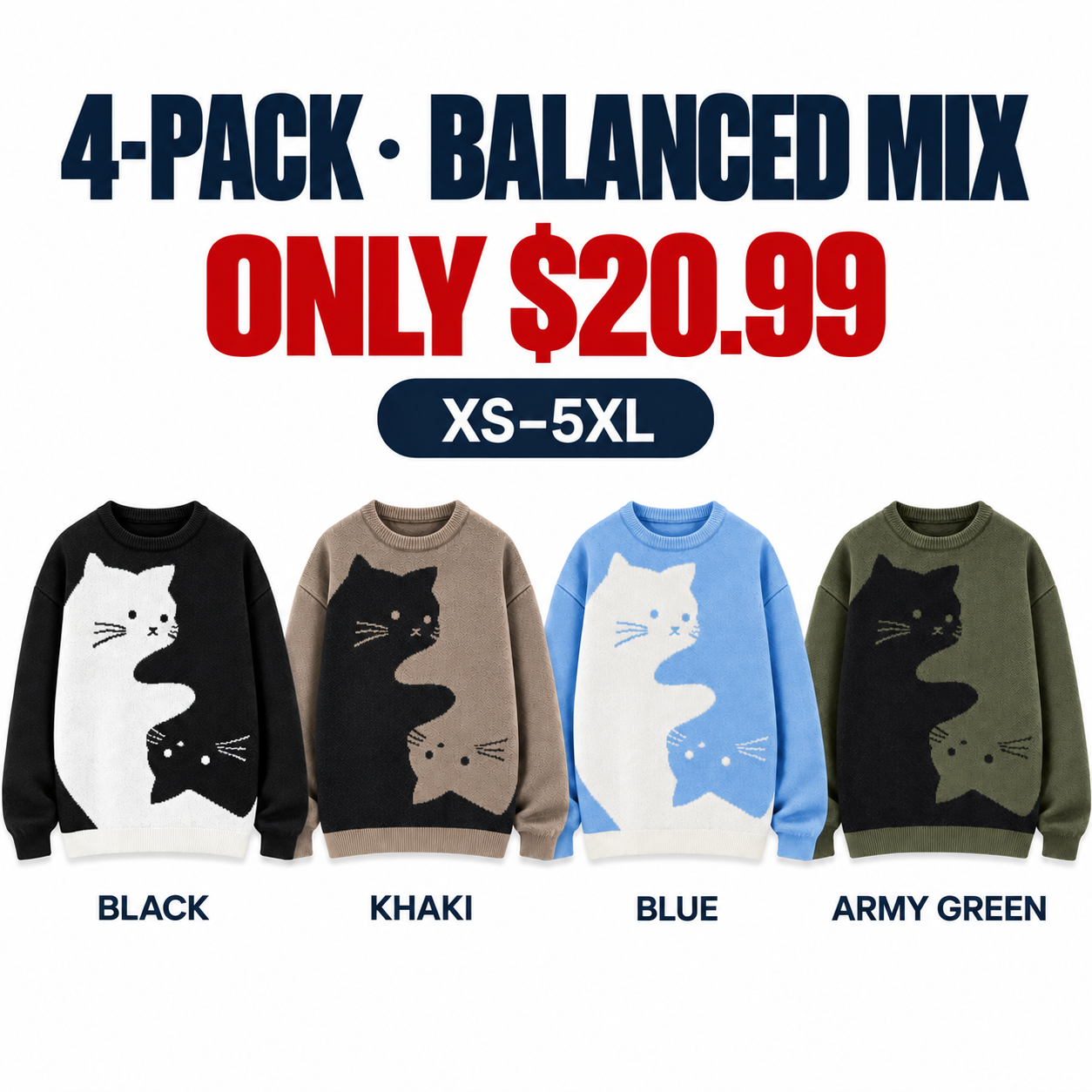 Black, Khaki, Blue and Army Green S-curve cat jacquard sweaters, 4-Pack Balanced Mix, $20.99