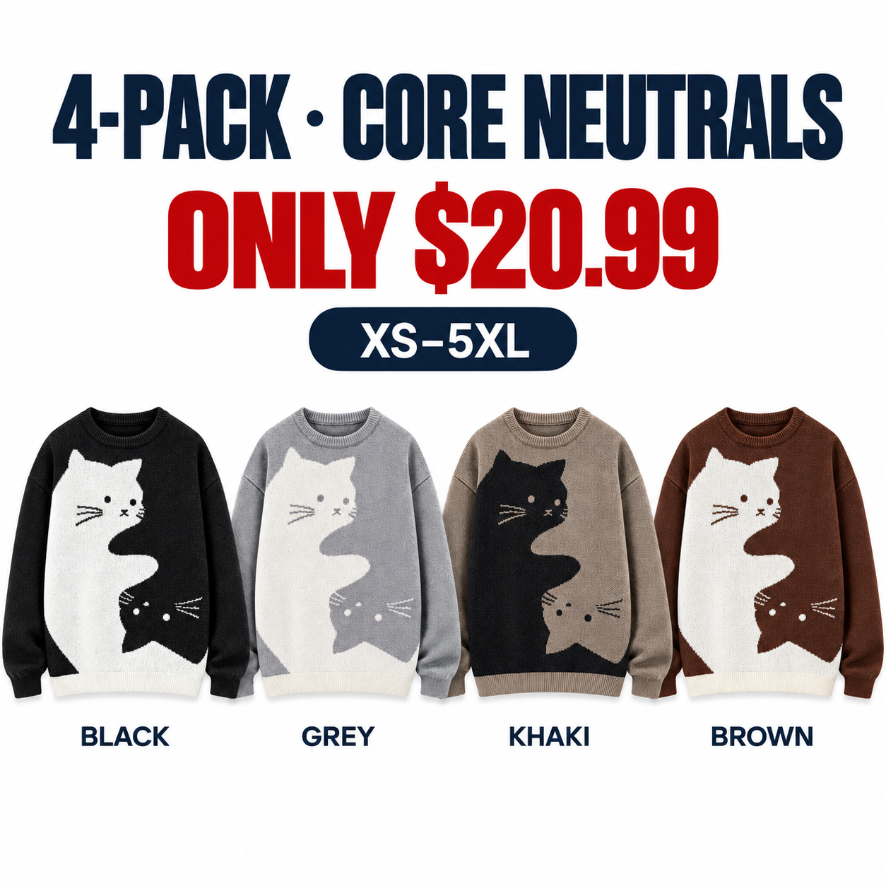 Black, Grey, Khaki and Brown S-curve cat jacquard sweaters, 4-Pack Core Neutrals, $20.99