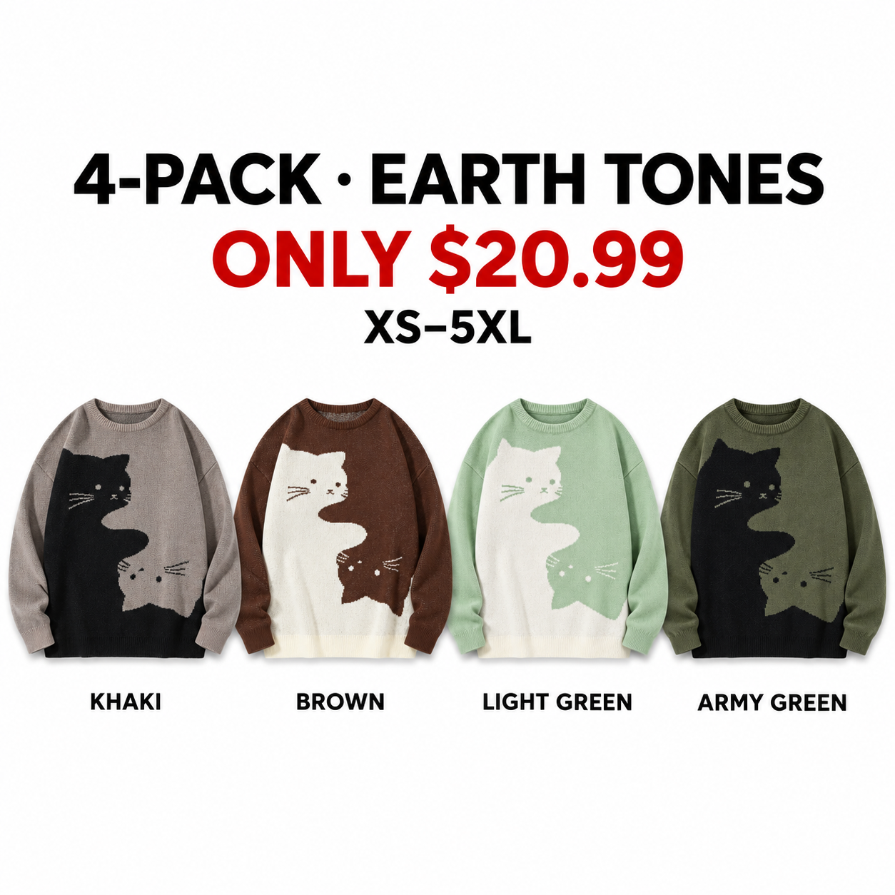 Khaki, Brown, Light Green and Army Green S-curve cat jacquard sweaters, 4-Pack Earth Tones, $20.99