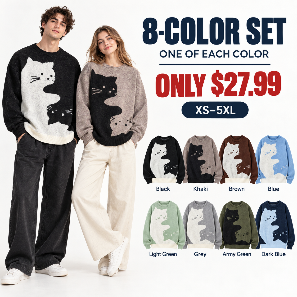 Male and female models with all eight S-curve cat jacquard sweaters, 8-Pack All Colors, $27.99