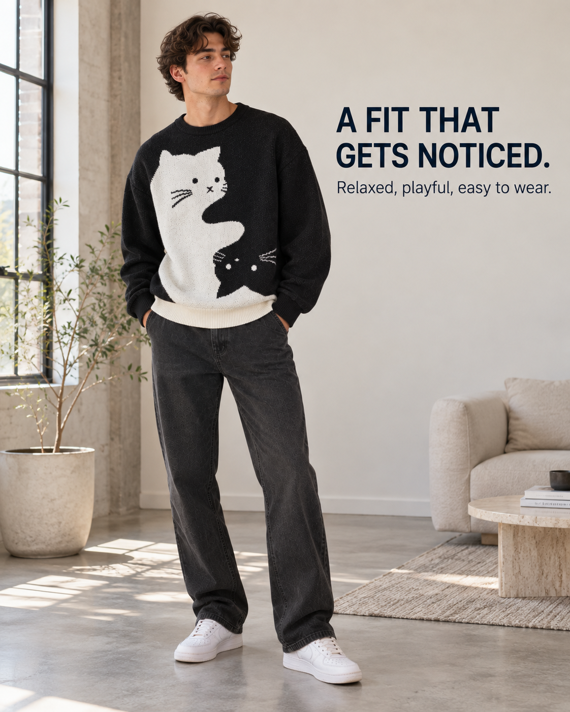 Relaxed unisex S-curve cat sweater fit