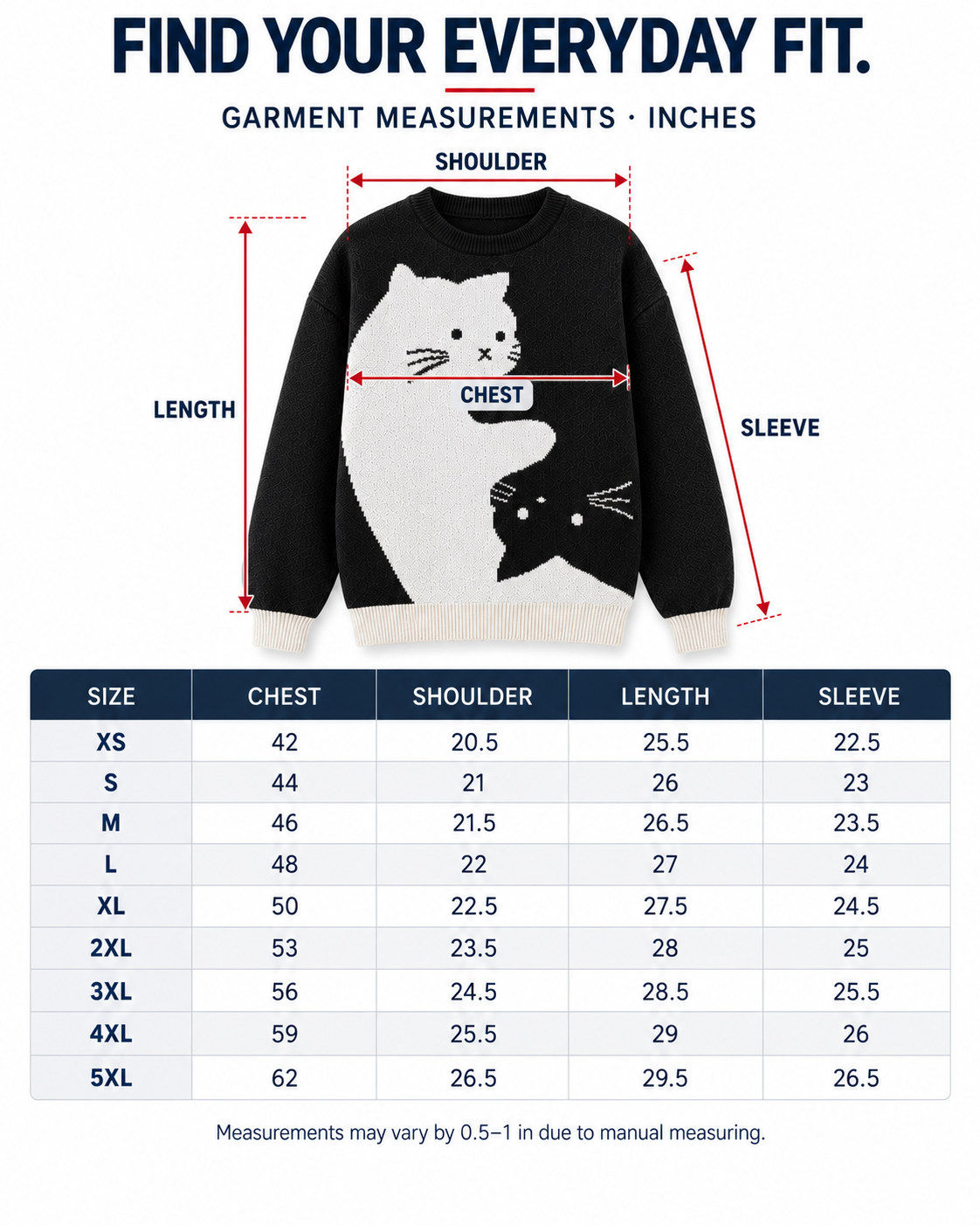 XS to 5XL size chart and garment measurement guide in inches