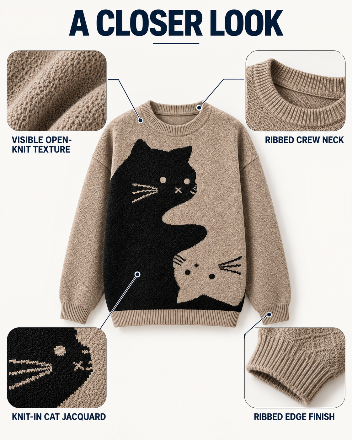 Complete Khaki sweater with open-knit texture, jacquard, crew-neck and ribbed-edge details
