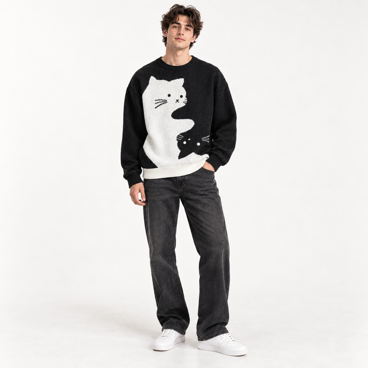 Male model wearing the Black S-curve cat jacquard sweater, front fit