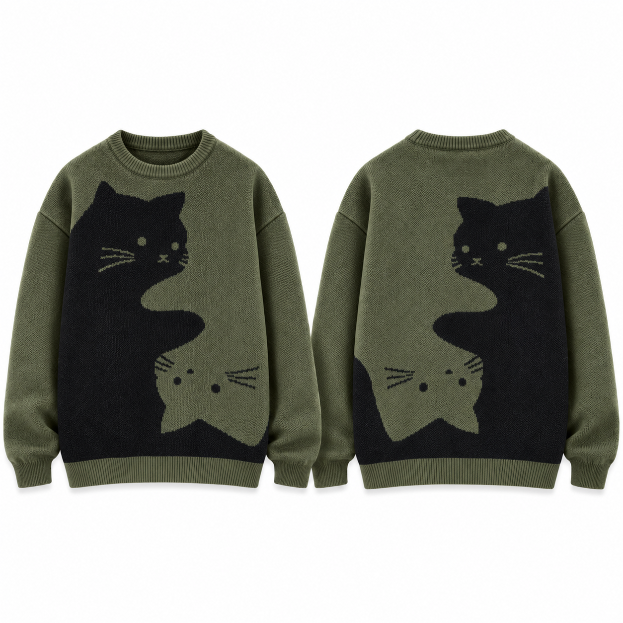 Army Green S-curve cat jacquard crew-neck sweater, complete front and complementary back views