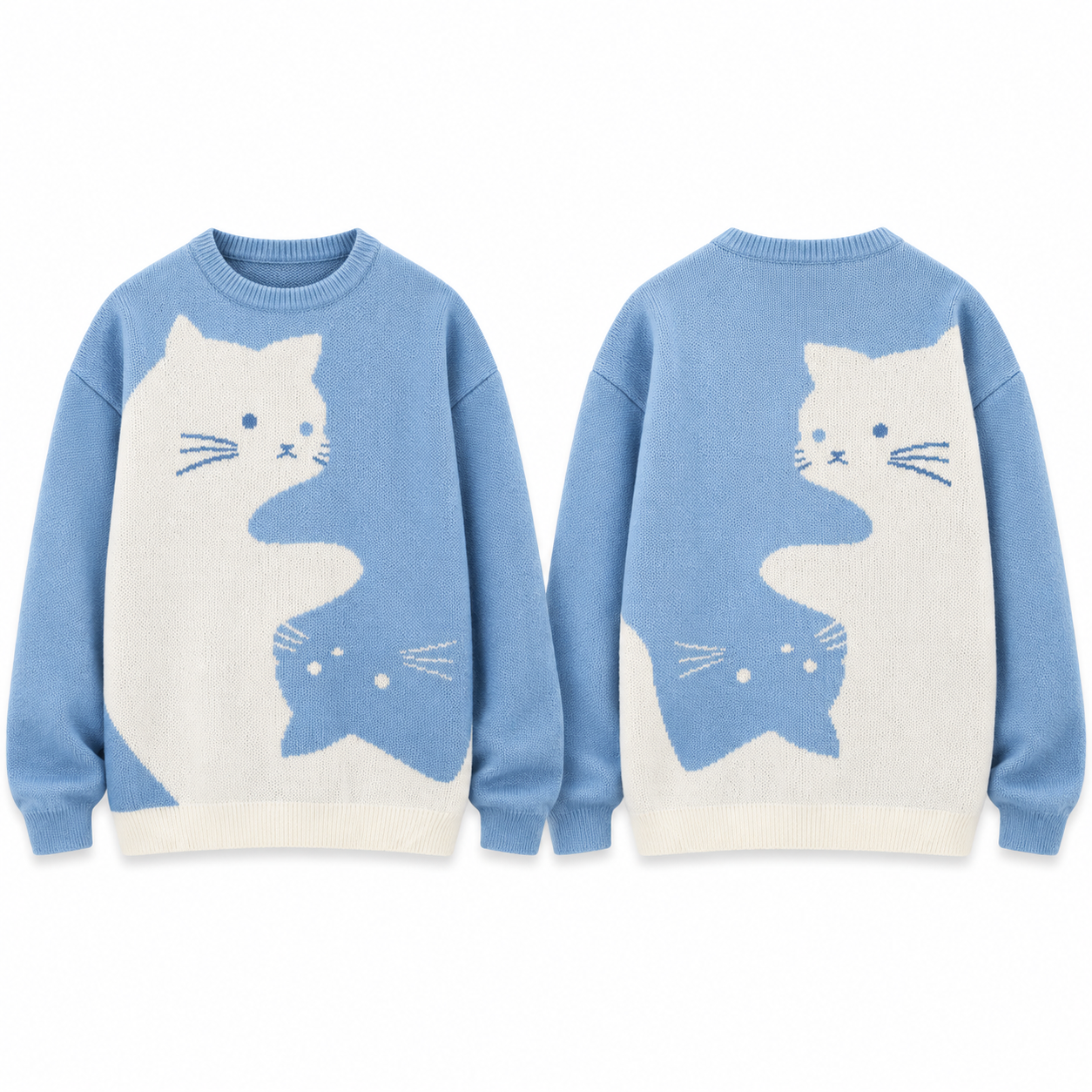 Blue S-curve cat jacquard crew-neck sweater, complete front and complementary back views