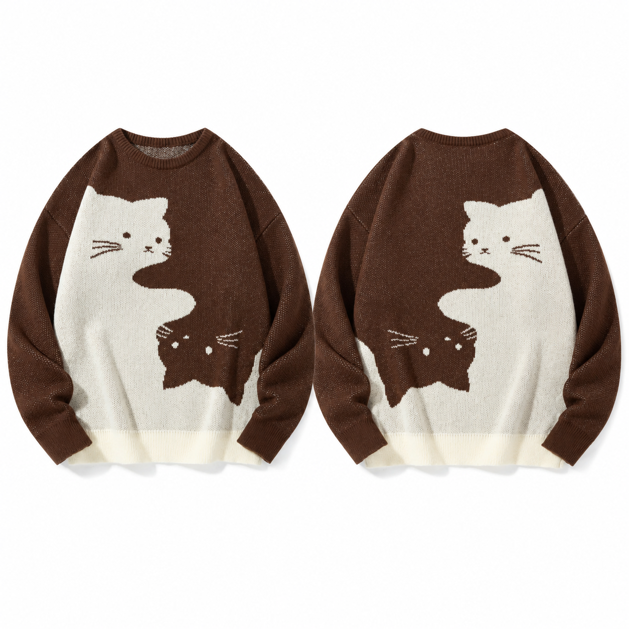 Brown S-curve cat jacquard crew-neck sweater, complete front and complementary back views