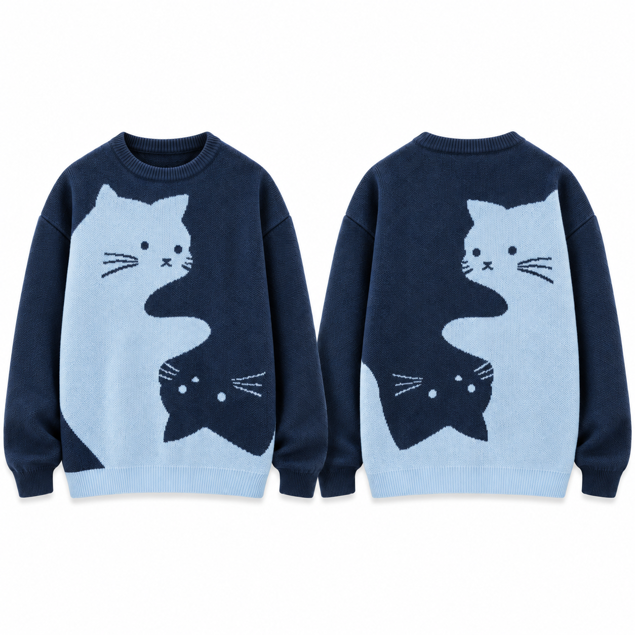 Dark Blue S-curve cat jacquard crew-neck sweater, complete front and complementary back views