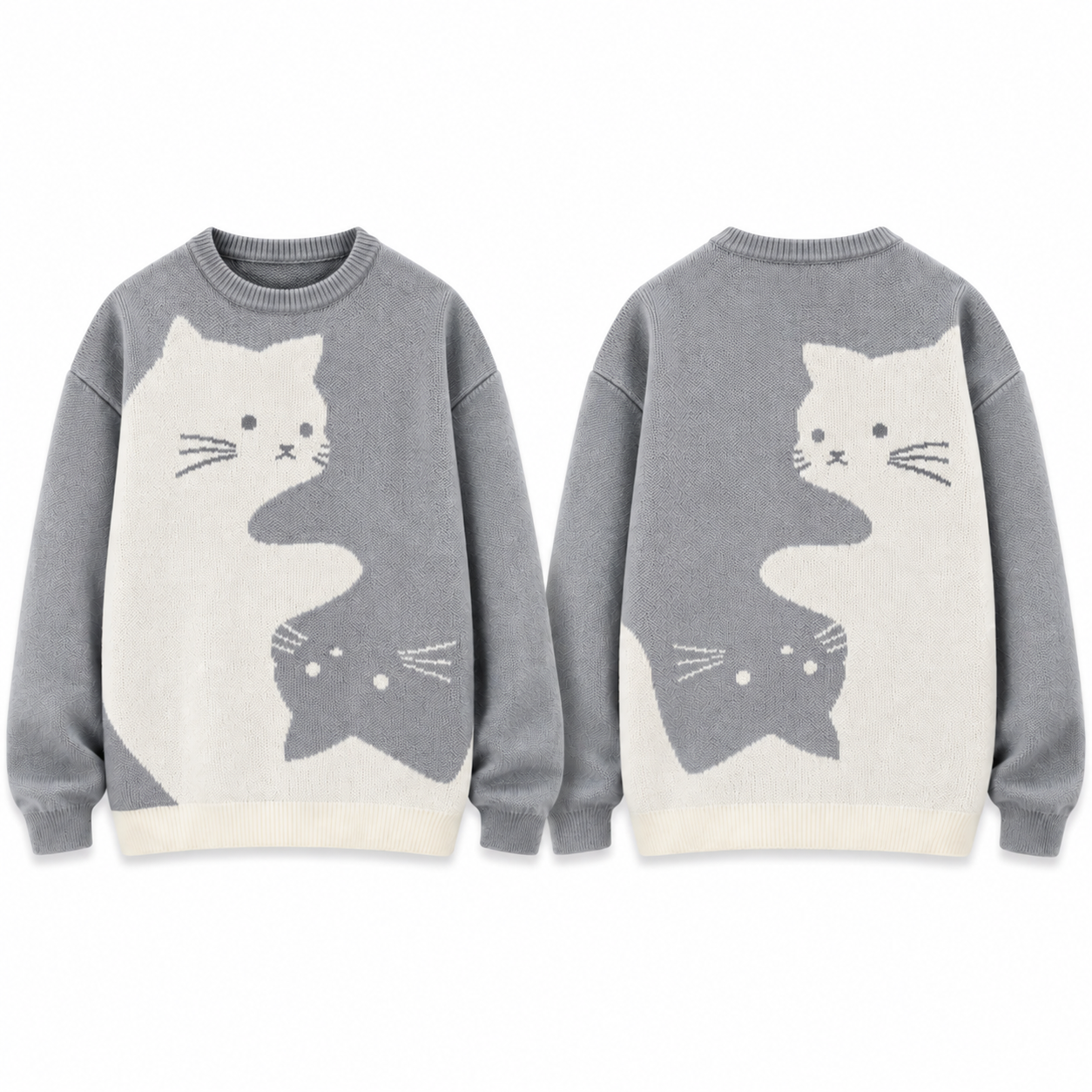 Grey S-curve cat jacquard crew-neck sweater, complete front and complementary back views
