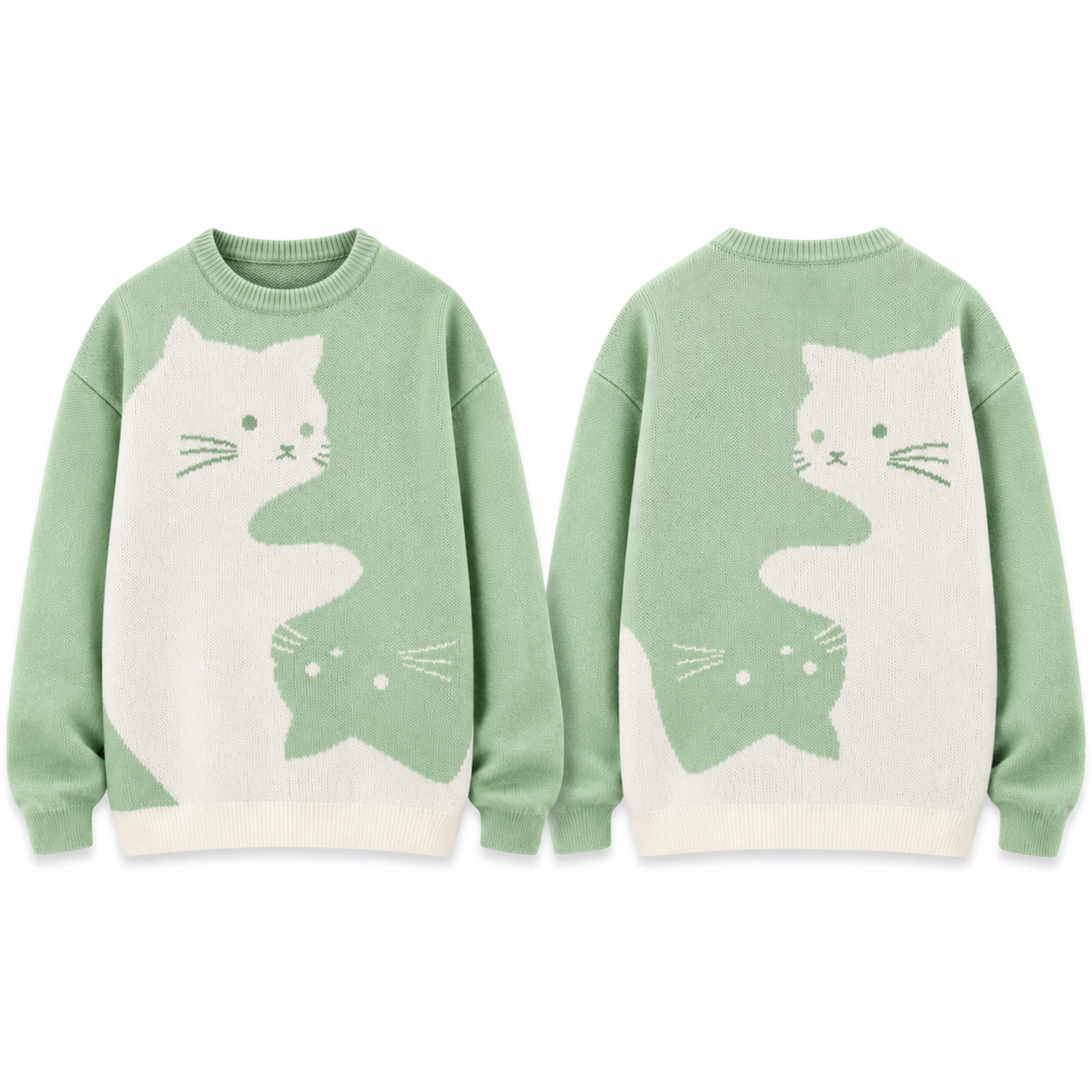 Light Green S-curve cat jacquard crew-neck sweater, complete front and complementary back views