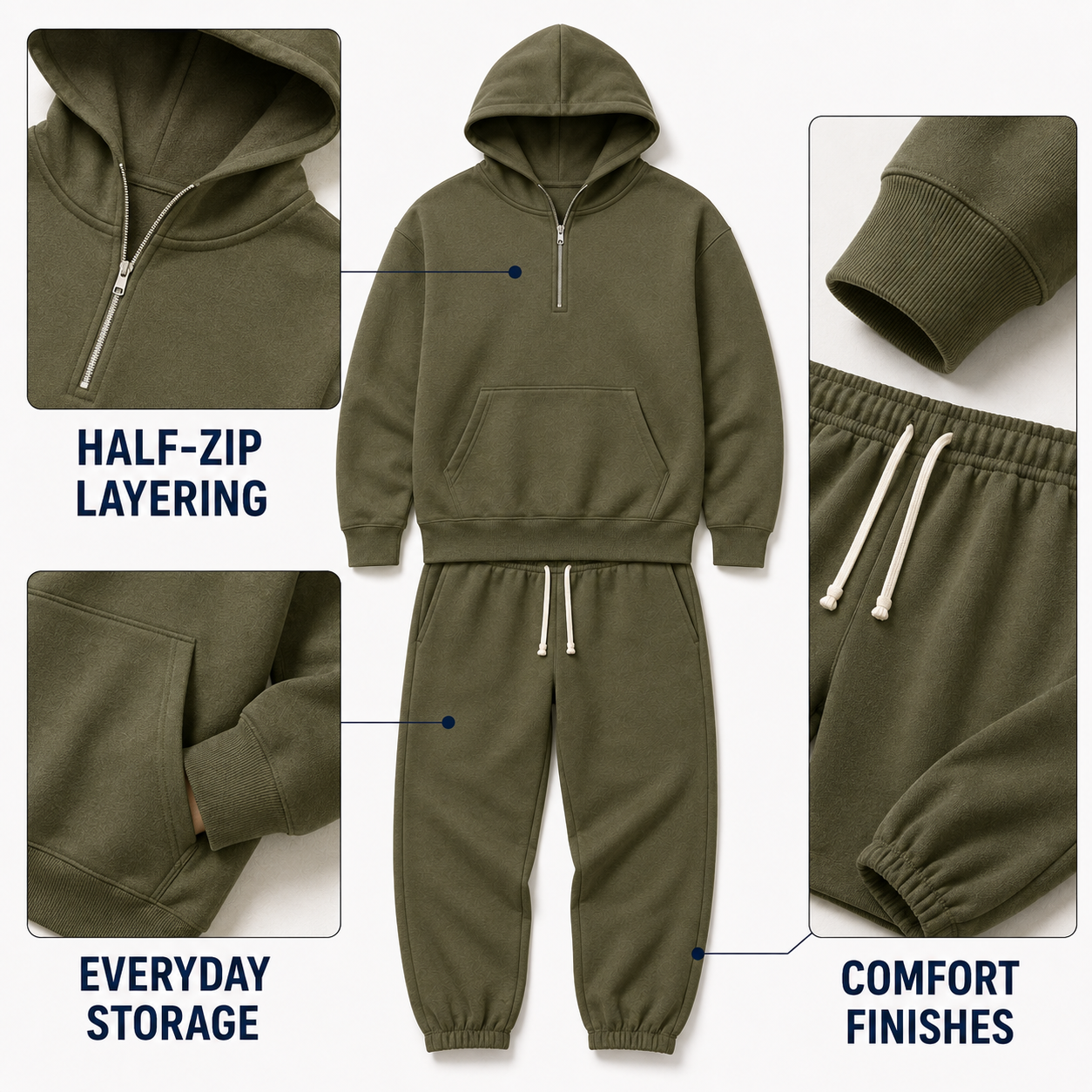 Half-zip layering everyday storage and comfort finishes
