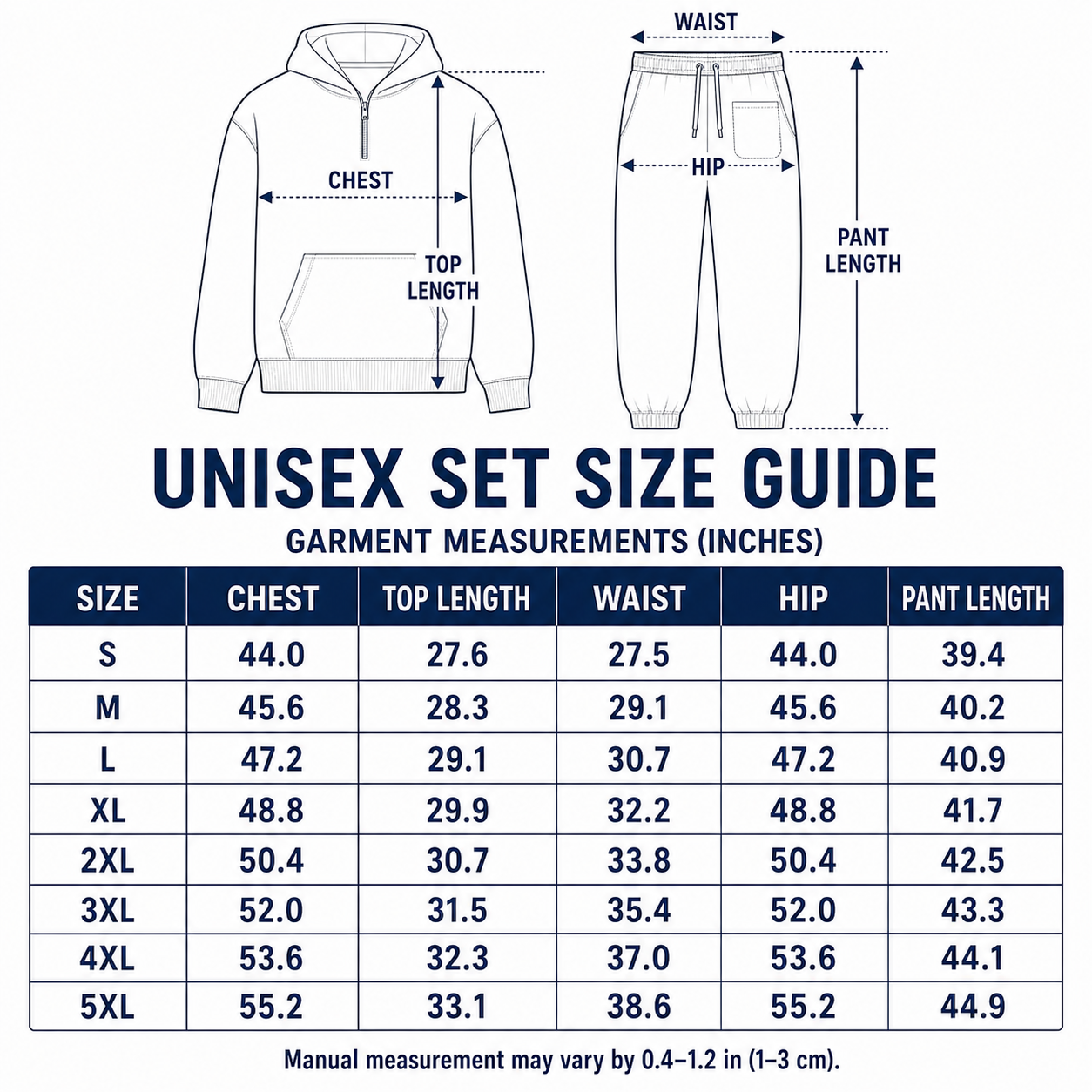 Unisex set garment size guide S through 5XL