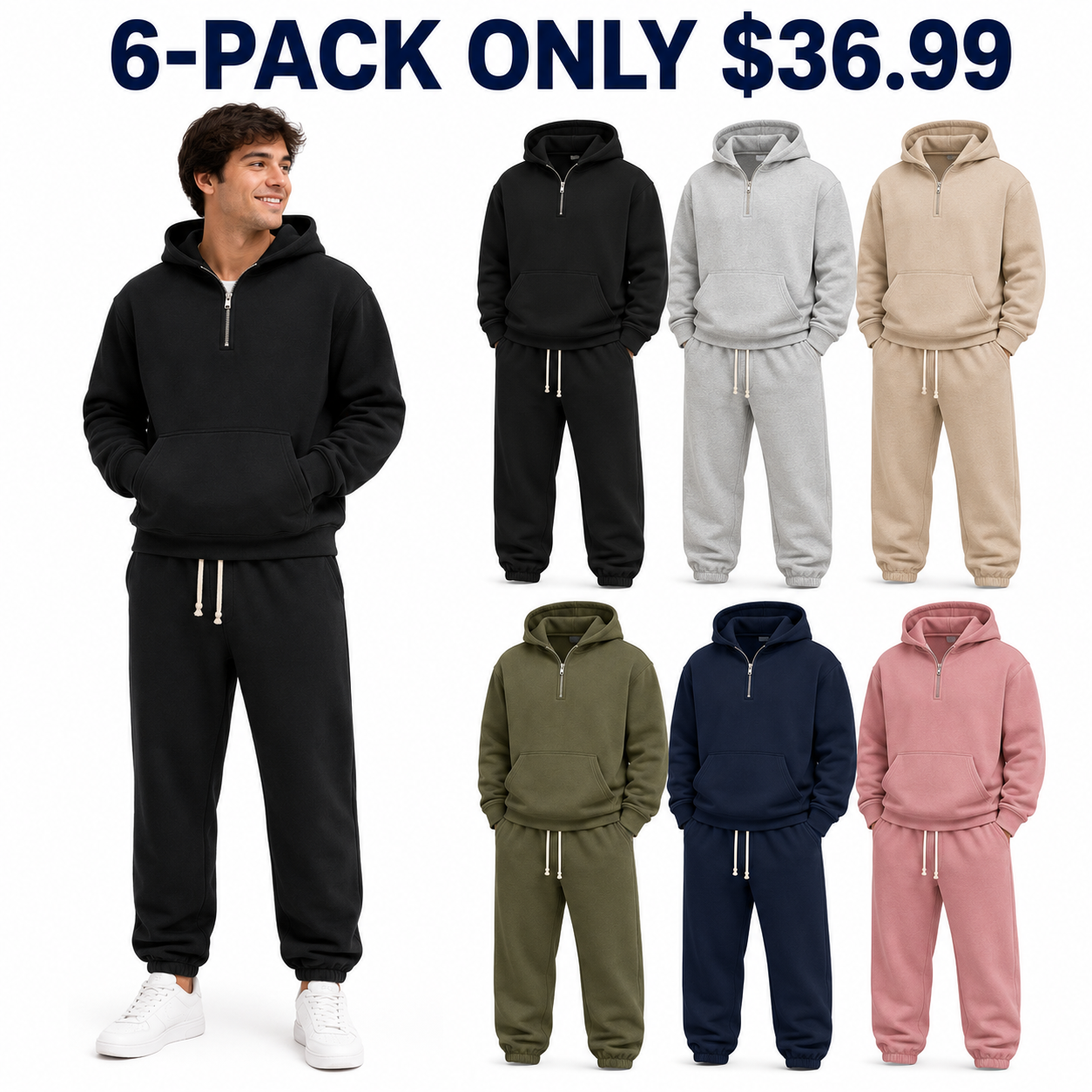 6-Pack All Colors dimensional unisex half-zip hoodie and sweatpants sets, Only $36.99