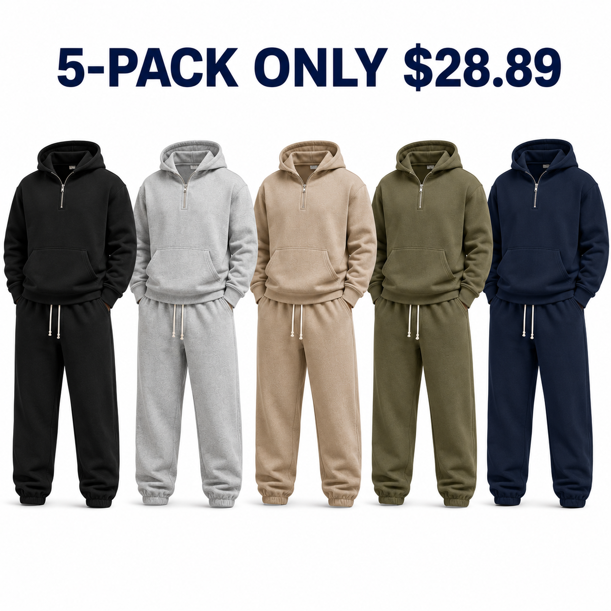 5-Pack Core Neutrals dimensional unisex half-zip hoodie and sweatpants sets, Only $28.89