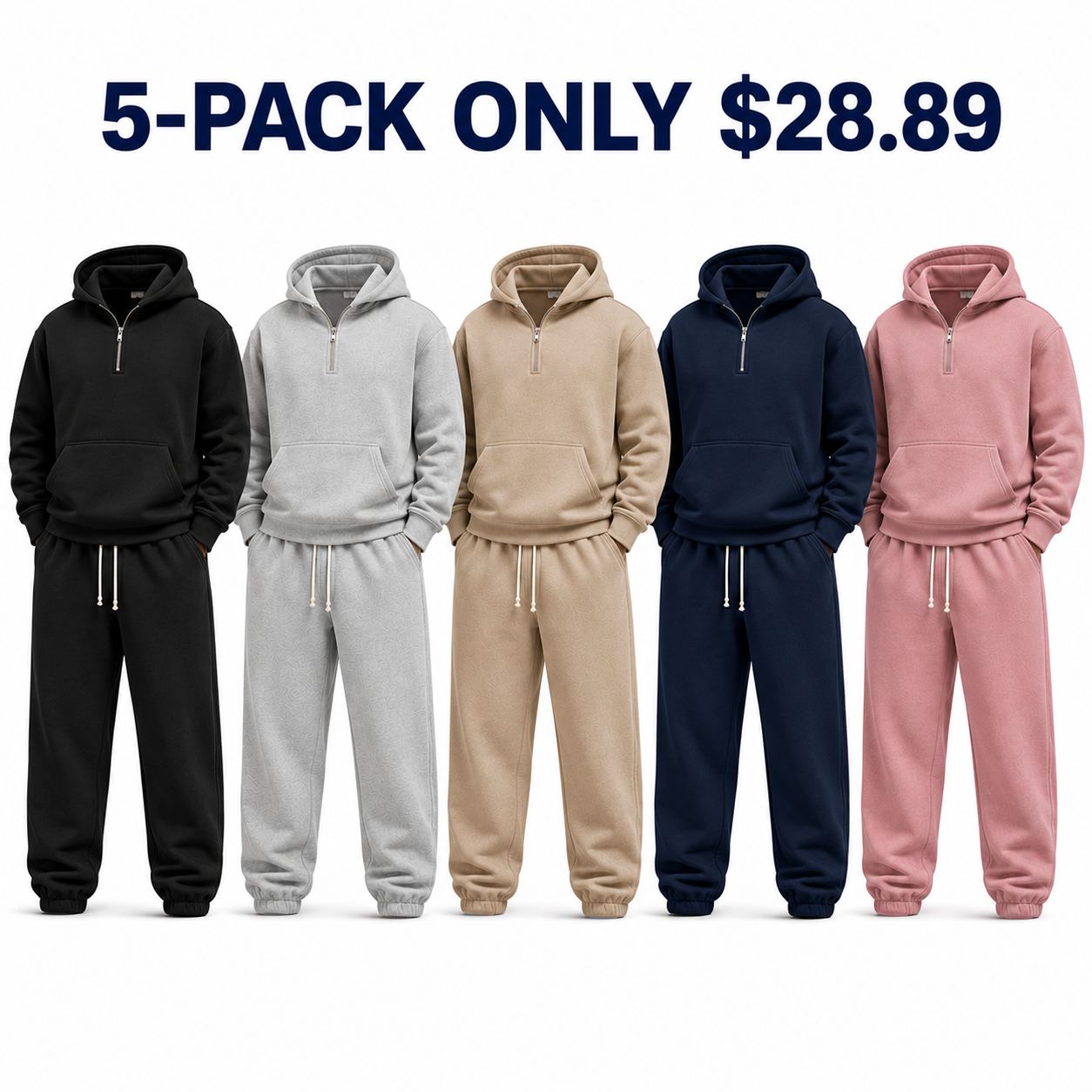 5-Pack Soft Rotation dimensional unisex half-zip hoodie and sweatpants sets, Only $28.89