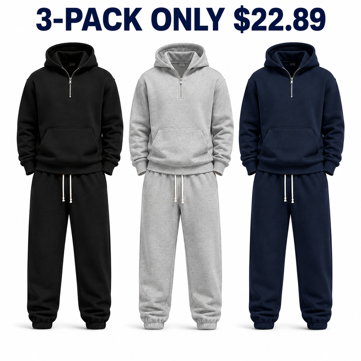 3-Pack Everyday Core dimensional unisex half-zip hoodie and sweatpants sets, Only $22.89